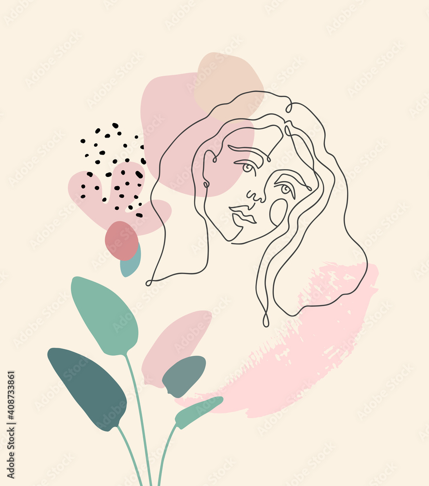 Beautiful girl. Continuous line drawing. Vector hand drawn artwork. Creative freehand style. Hugge home, house decor. Trendy 50s, 60s retro vintage. Spa salon logo. Beige, black, pink, green red color Beautiful girl. Continuous line drawing. Vector hand drawn artwork. Creative freehand style. Hugge home, house decor. Trendy 50s, 60s retro vintage. Spa salon logo. Beige, black, pink, green red color