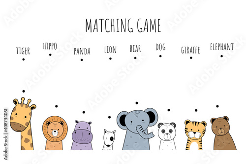 Cute wild animals giraffe lion hippo dog elephant panda and tiger cartoon character matching game for kids