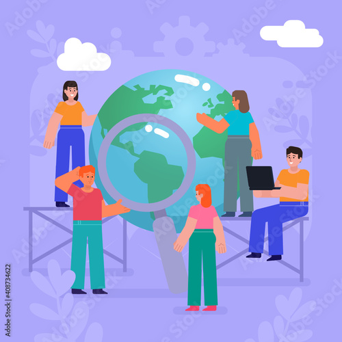 Earth day, save planet, ecological responsibility. Group of people stand near earth globe. Modern vector illustration © paper_owl