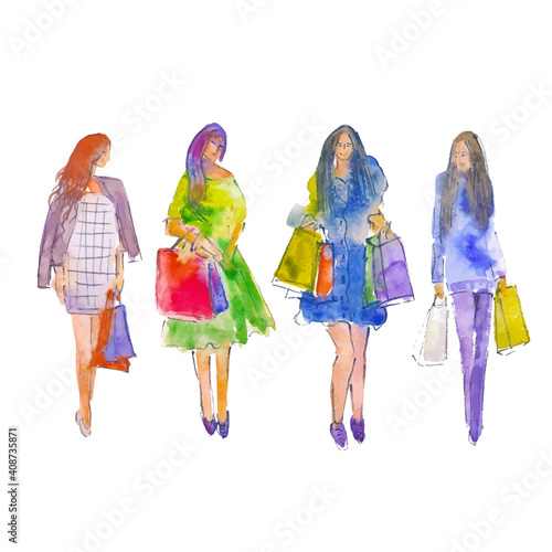 Vector. Hand drawn watercolor illustration. Four women in full growth. Women with bags and packages in their hands.