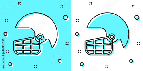 Black line American football helmet icon isolated on green and white background. Random dynamic shapes. Vector Illustration.