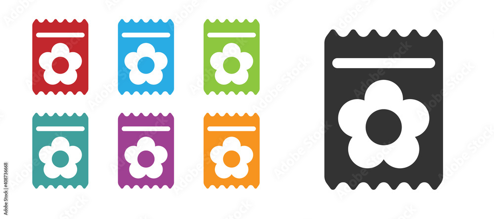 Black Pack full of seeds of a specific plant icon isolated on white background. Set icons colorful. Vector Illustration. Black Pack full of seeds of a specific plant icon isolated on white background. Set icons colorful. Vector Illustration.