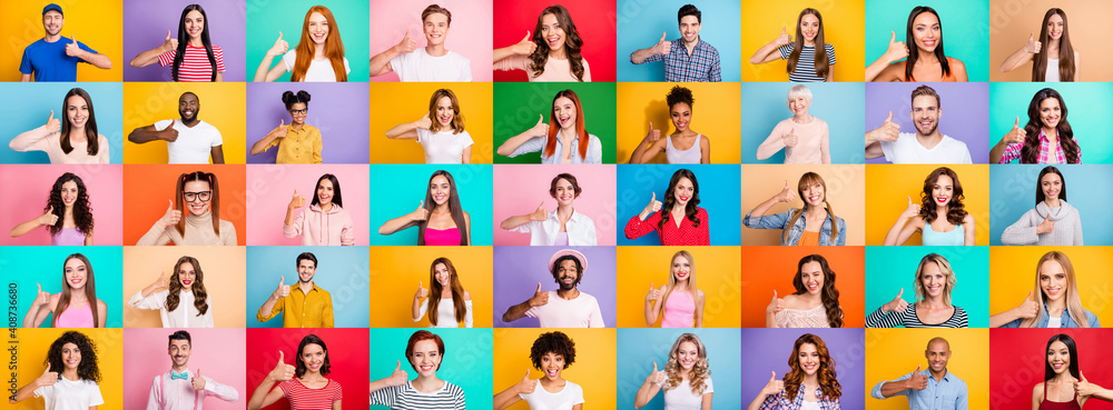 Multiple collage of positive modern multiethnic person different age raising thumb fingers express approve isolated colorful background Multiple collage of positive modern multiethnic person different age raising thumb fingers express approve isolated colorful background
