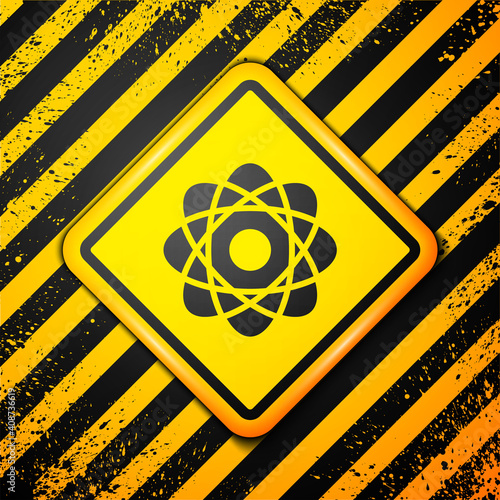 Black Atom icon isolated on yellow background. Symbol of science, education, nuclear physics, scientific research. Warning sign. Vector Illustration.