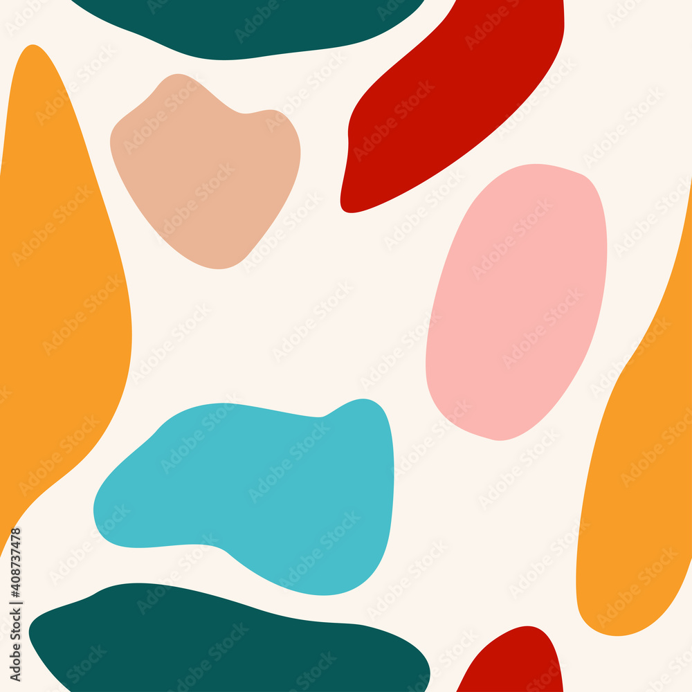 Abstract colourful seamless pattern with hand drawn doodle various shapes, spots and drops. Vector illustration.