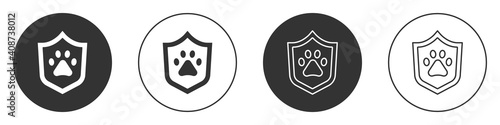 Black Animal health insurance icon isolated on white background. Pet protection concept. Dog or cat paw print. Circle button. Vector.