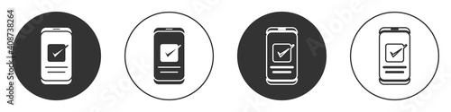 Black Smartphone, mobile phone icon isolated on white background. Circle button. Vector.