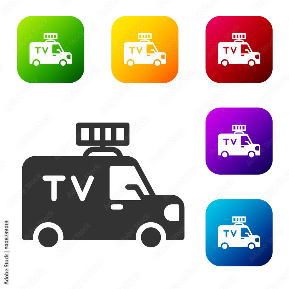 Black TV News car with equipment on the roof icon isolated on white background. Set icons in color square buttons. Vector. Black TV News car with equipment on the roof icon isolated on white background. Set icons in color square buttons. Vector.
