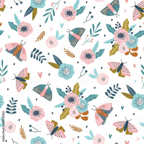 Colorful seamless pattern with butterflies and flowers in Scandinavian style. Summer floral repeat background for fabrics or wallpapers. Butterfly and dragonflies design. . 