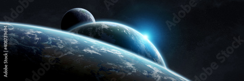 Panoramic space planets background. Panorama of distant solar system with exoplanets 3D rendering elements of this image furnished by NASA