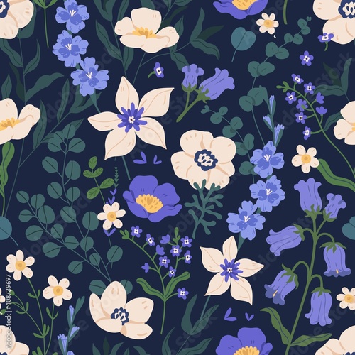 Elegant seamless floral pattern with bluebells and anemones. Endless design with gorgeous wild flowers for printing and decoration. Repeatable botanical dark backdrop. Color flat vector illustration