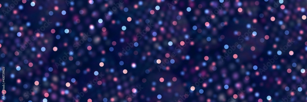 Blue pink glittering sparkles on dark violet toned blur background. Festive banner abstract graphic. Disco party retro style.