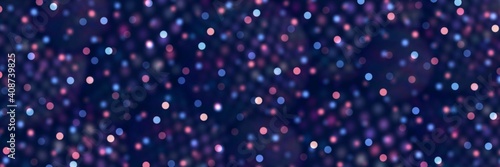 Blue pink glittering sparkles on dark violet toned blur background. Festive banner abstract graphic. Disco party retro style.