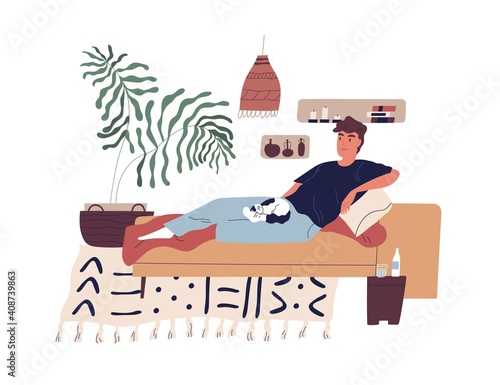 Young smiling man relaxing on sofa with cat on his knees. Happy guy spending leisure time alone at home doing nothing at weekend. Colorful flat vector illustration isolated on white background