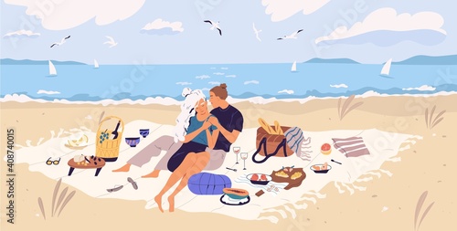 Happy couple hugging on picnic blanket at seaside. Young man and woman spending time together with wine and food at sandy beach. People resting and enjoying outdoor date. Flat vector illustration