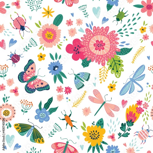 Colorful seamless pattern with insects and flowers. Summer floral repeat background for fabrics or wallpapers. Butterfly and dragonflies design. © Angelina De Sol