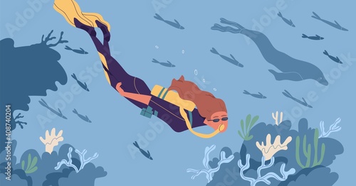 Young woman in diving mask and wetsuit swimming underwater and observing coral reef. Scuba diver watching marine fauna at seabed. People exploring submarine world. Colored flat vector illustration