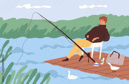 Fisherman sitting with fishing rod and watching at float in lake. Fisher catching fish at wooden dock. Young man enjoying leisure time in nature. Colorful flat vector illustration