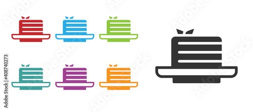 Black Medovik icon isolated on white background. Honey layered cake or russian cake Medovik on plate. Set icons colorful. Vector.