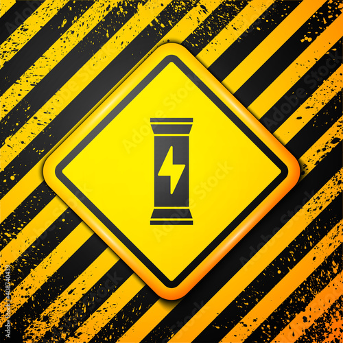Black Sports nutrition bodybuilding proteine power drink and food icon isolated on yellow background. Warning sign. Vector.