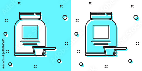 Black line Sports nutrition bodybuilding proteine power drink and food icon isolated on green and white background. Random dynamic shapes. Vector.