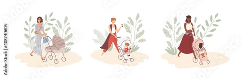 Set of modern young moms walking with newborns in prams and strollers. Stylish women strolling with babies. Motherhood and maternity. Flat colorful vector illustration isolated on white background