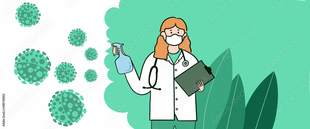 A woman in a doctor suit is trying to spray the covid-19 virus away on a blue and white background A woman in a doctor suit is trying to spray the covid-19 virus away on a blue and white background