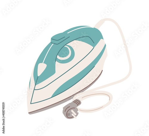 Steam iron press with cord and plug isolated on white background. Domestic household electric appliance. Colorful graphic flat vector illustration