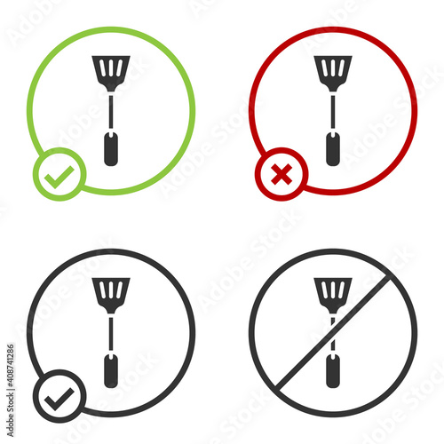 Black Fly swatter icon isolated on white background. Circle button. Vector.