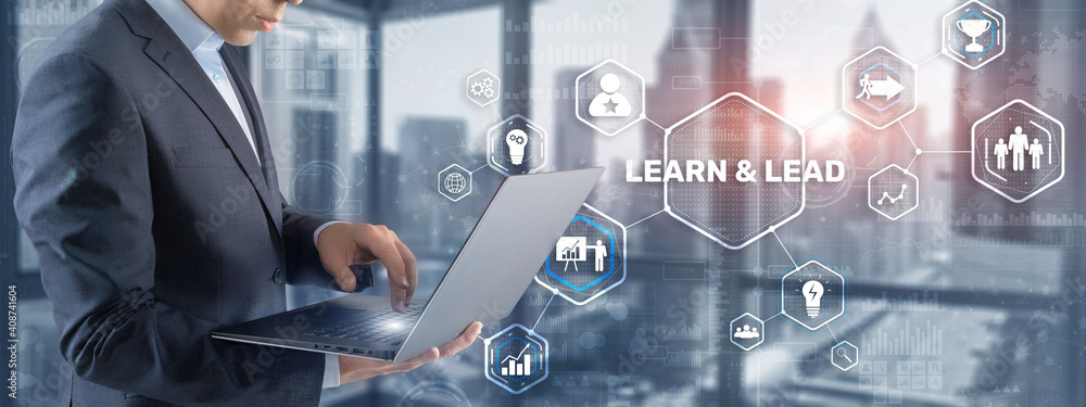 Man clicks on the inscription Learn and Lead. Man clicks on the inscription Learn and Lead.