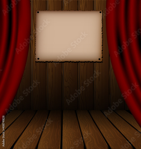 vector illustration red drape and wood theatre stage