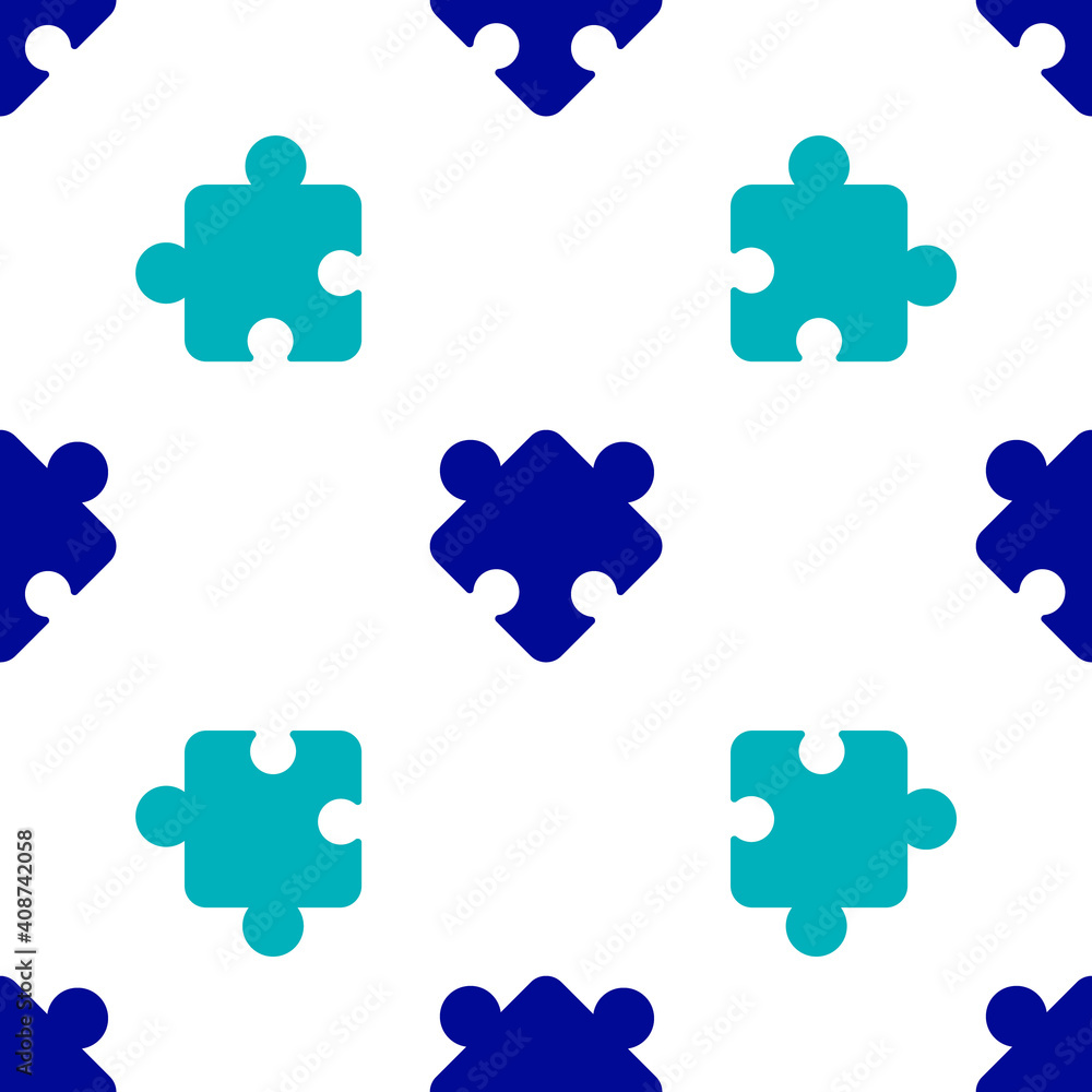 Blue Puzzle pieces toy icon isolated seamless pattern on white background. Vector. Blue Puzzle pieces toy icon isolated seamless pattern on white background. Vector.
