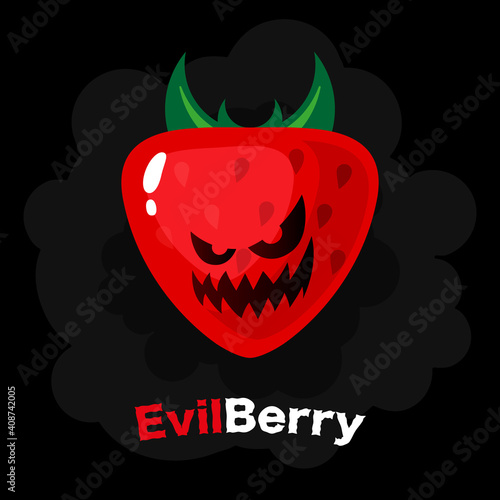 Cartoon strawberry on a black background. A berry with an evil emotion. Vector, illustration