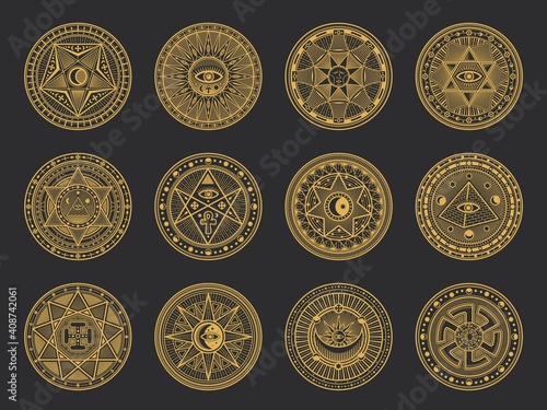 Magic symbols with vector alchemy and occult science, esoteric religion and astrology mystic signs. Gold circles with Sun, Moon and spiritual eye, triangle, pentagram star, pyramid and ankh ornaments photo