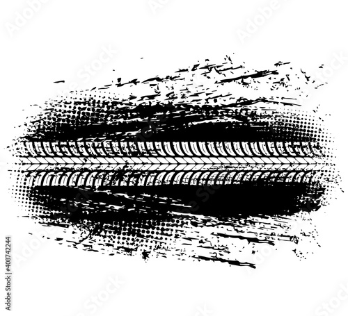 Tire track of offroad car or bike wheel vector design. Grunge mark or trail with tyre tread pattern and road dirt spots, off road vehicle, trucks and motorcycle trace, race sport and rully themes
