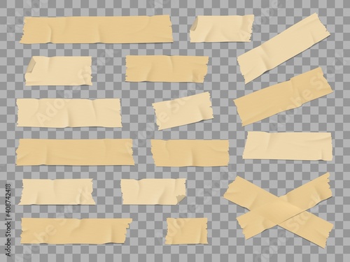 Adhesive or duct tape crumpled stripes mockups set. Sticky masking or insulating tape with torn sides for household repair, construction works, office stationery element 3d realistic vector templates