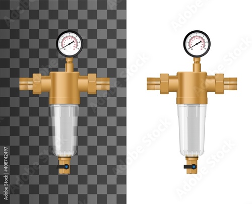 Whole house water sediment filter system mock up. Backwash filter with copper or brass housing and threads, plastic cartridge with mesh, pressure gauge and flushing valve 3d realistic vector template photo