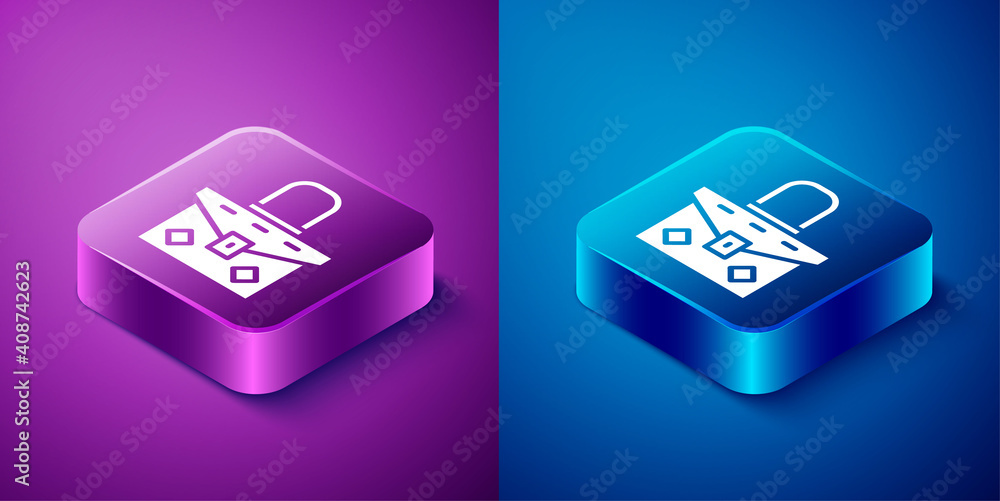 Isometric Handbag icon isolated on blue and purple background. Female handbag sign. Glamour casual baggage symbol. Square button. Vector. Isometric Handbag icon isolated on blue and purple background. Female handbag sign. Glamour casual baggage symbol. Square button. Vector.