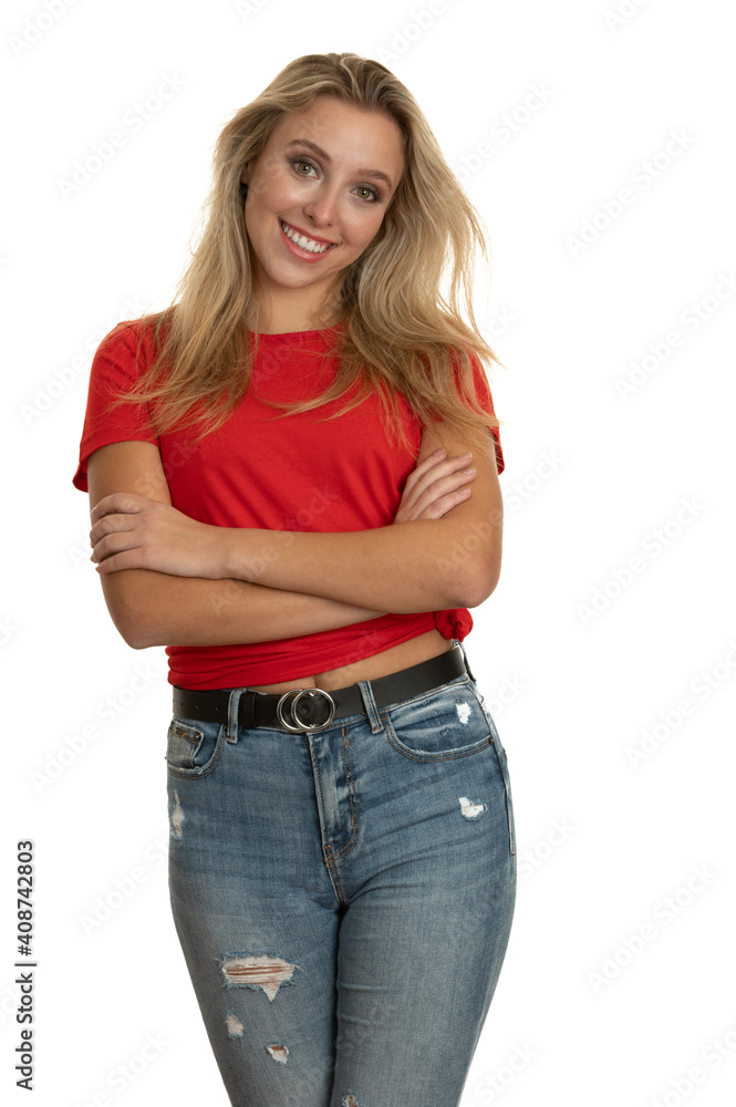 Portrait of a cute teenage girl in red tshirt over white Portrait of a cute teenage girl in red tshirt over white