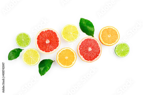 Flat lay composition with citrus fruits  leaves and flowers isolated on white background.