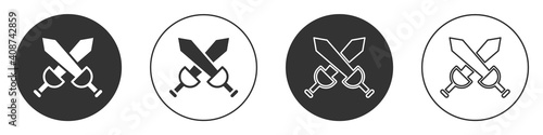 Black Crossed medieval sword icon isolated on white background. Medieval weapon. Circle button. Vector.