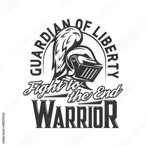 Tshirt print with knight head side view vector mascot. Apparel mockup with medieval solder, warrior helmet with plumage and shut visor. Typography guardian of liberty, t shirt print mock up, template