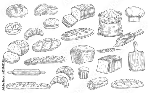 Bread and bakery food sketch vector icons baked loaf, rye and wheat bread, croissants and pretzel. Braided buns and french baguette, rolling pin, toque and scoop engraving retro bakery shop assortment