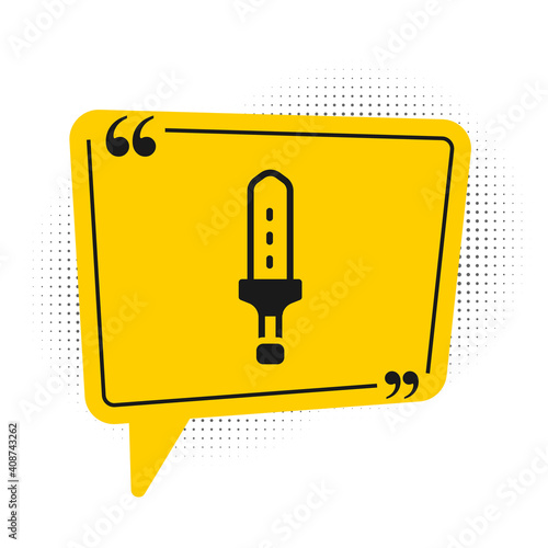 Black Medieval sword icon isolated on white background. Medieval weapon. Yellow speech bubble symbol. Vector.