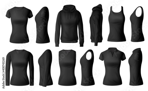 Women clothes isolated vector black tshirts polo, hoodie and longsleeve shirts with singlet apparel mockup. Realistic 3d female garment, underwear. Blank wear clothing design, outfit objects set