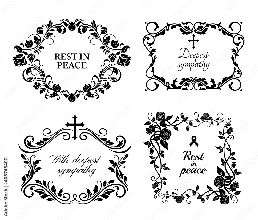Funeral wreath cards of flowers, obituary RIP and condolences, vector black floral frames. Funeral memory and Deepest Sympathy message for columbarium or cemetery grave plates, black roses wreath Funeral wreath cards of flowers, obituary RIP and condolences, vector black floral frames. Funeral memory and Deepest Sympathy message for columbarium or cemetery grave plates, black roses wreath