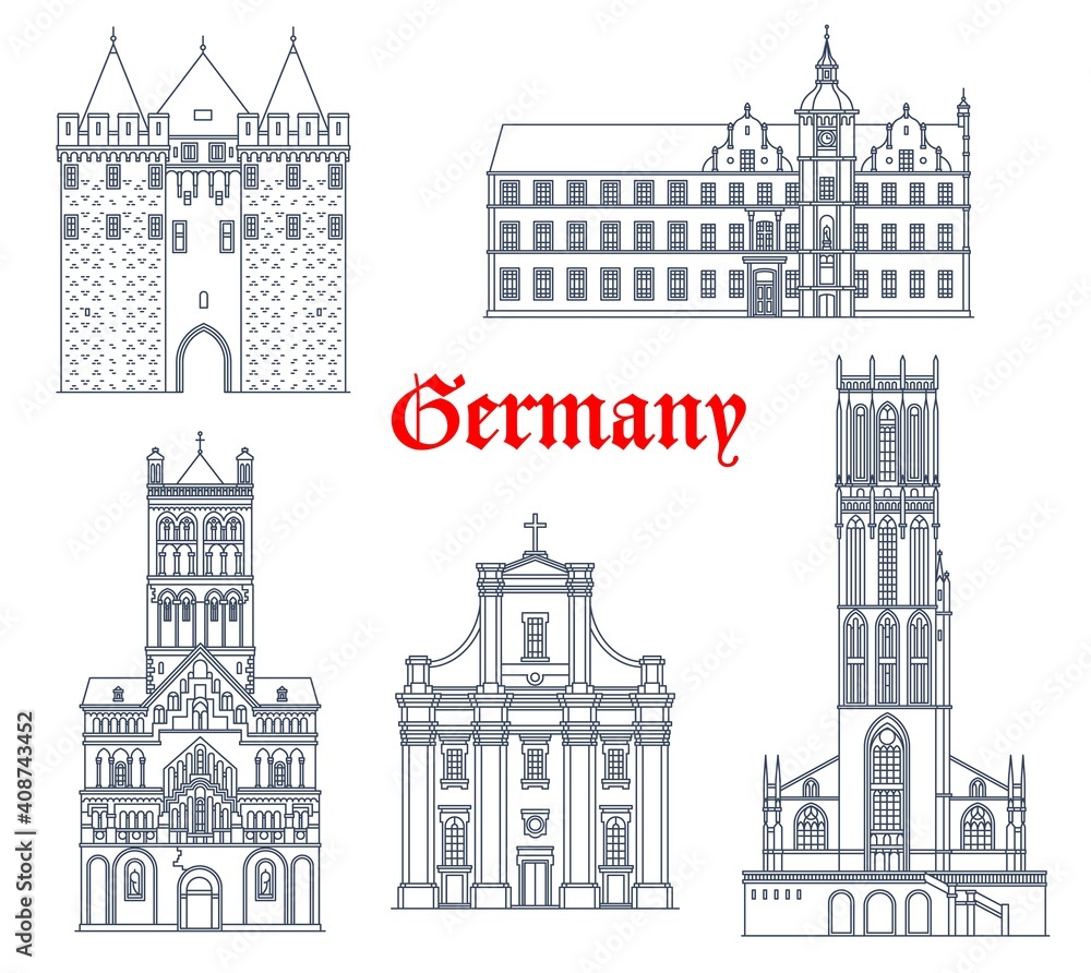 Germany landmark buildings and travel icons, Dusseldorf architecture vector icons. St Andreas kirche church in, rathaus and Obertor gates, Salvatorkirche in Duisburg and St Quirinus cathedral in Neuss