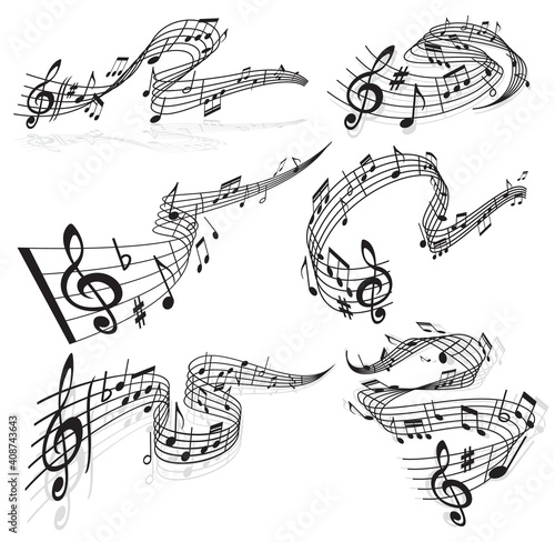 Music waves, vector musical notes and treble clef on curvy stave. Melody sounds symbols, musical notes wave swirls for jazz club or classical opera concert and orchestra players performance icons set