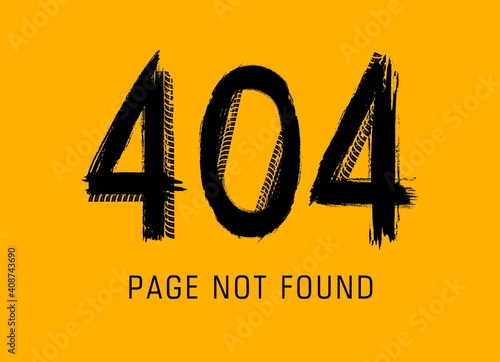 404 error, page not found in grunge style made of vector offroad tire prints. Website under maintenance, black dirty typography. Lost internet connection, 404 page car tyres track on yellow background