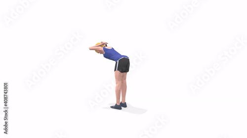 Woman exercise animation 3d model on a white background in the t-shirt. Low Poly Style
Turntable camera view.